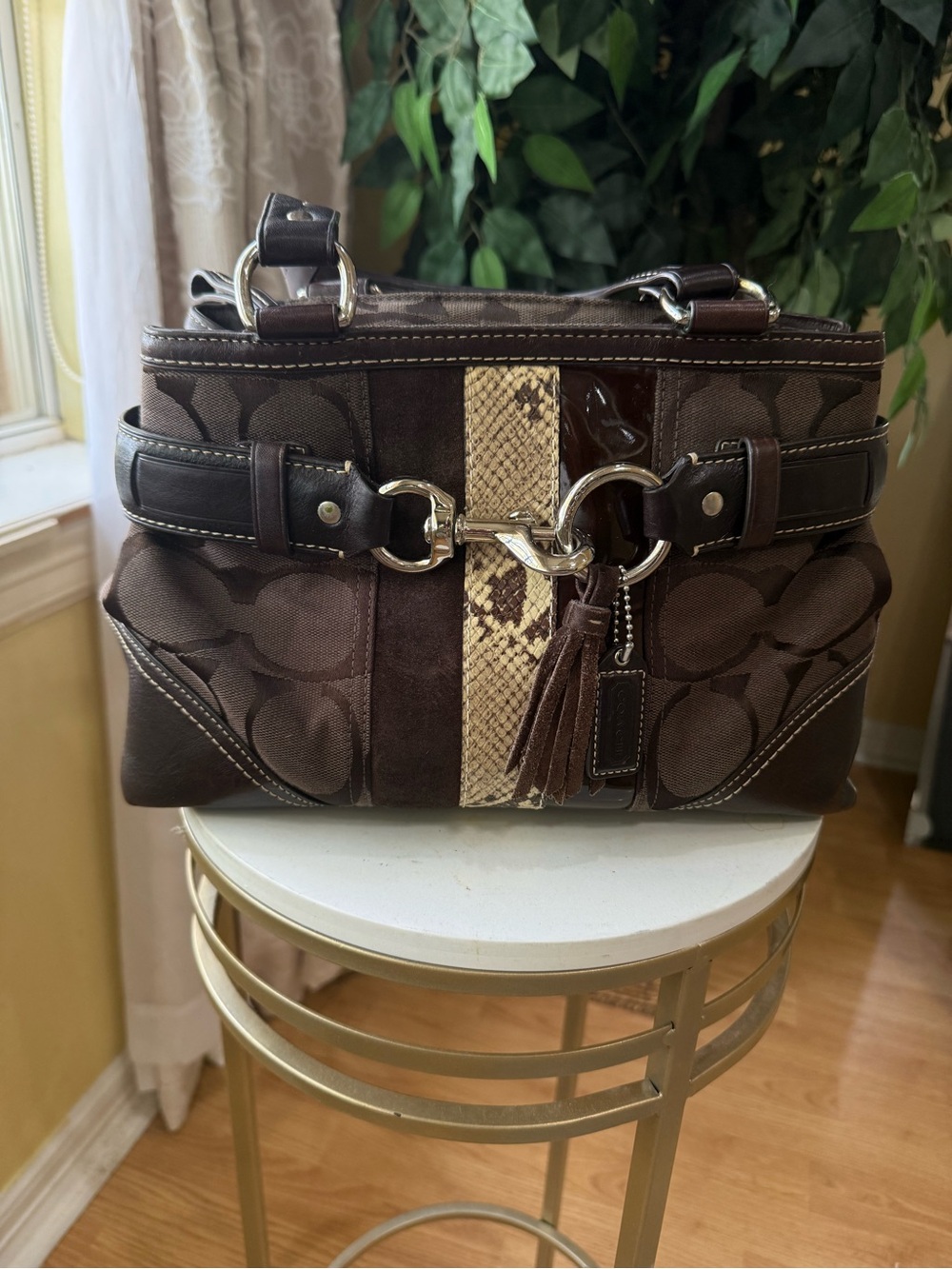 Coach Hamptons 10262 Signature Carryall Brown Leather Suede Y2K Shoulder Bag